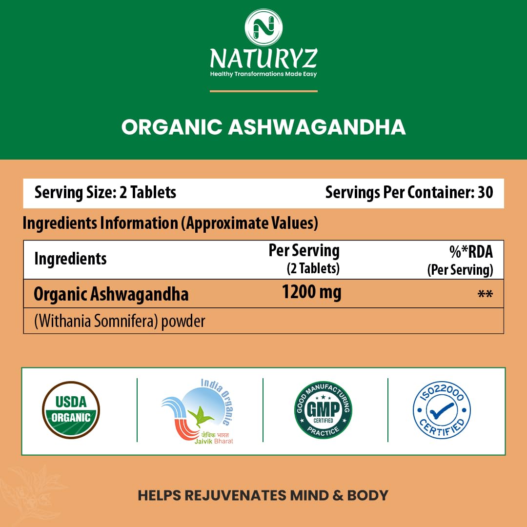 NATURYZ Organic Ashwagandha 1200mg Tablets | Stress Relief, Energy, Immunity & Muscle Recovery Support | For Men & Women | Vegan, Non-GMO, Gluten-Free | USDA Organic | 60 Veg Tablets