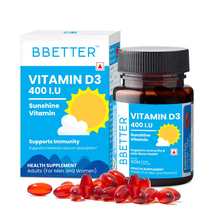 BBETTER Vitamin D3 Supplement for Immunity, Healthy Bones & Strong Muscles - 60 softgels of Vitamin D (Cholecalciferol) with the recommended daily dosage of 400IU