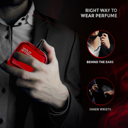 Person holding a red Wild Stone perfume bottle with instructions on how to wear perfume.