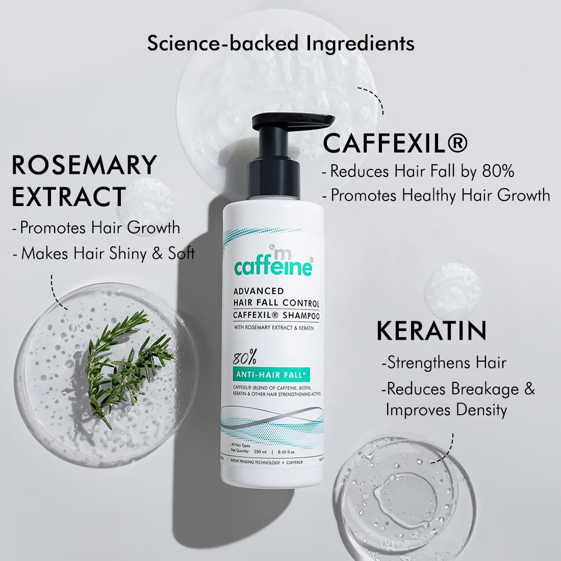 Caffeine Advanced Hair Fall Control Shampoo with Caffeine and Rosemary Extract on a light gray background