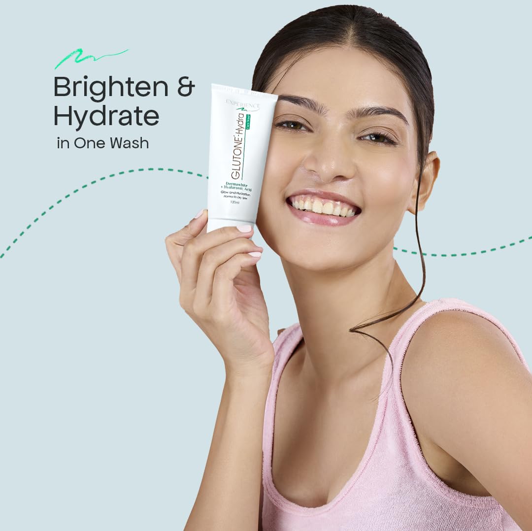 Woman holding a skincare product with 'Brighten & Hydrate' text on a light blue background
