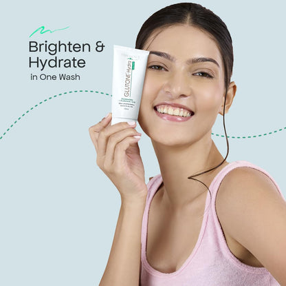 Woman holding a skincare product with 'Brighten & Hydrate' text on a light blue background