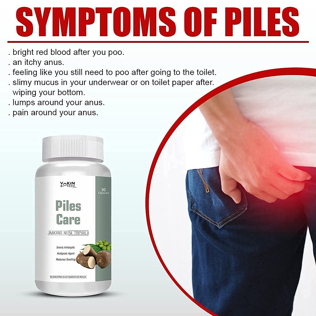 Bottle of 'Piles Care' with symptoms of piles listed on a light blue background