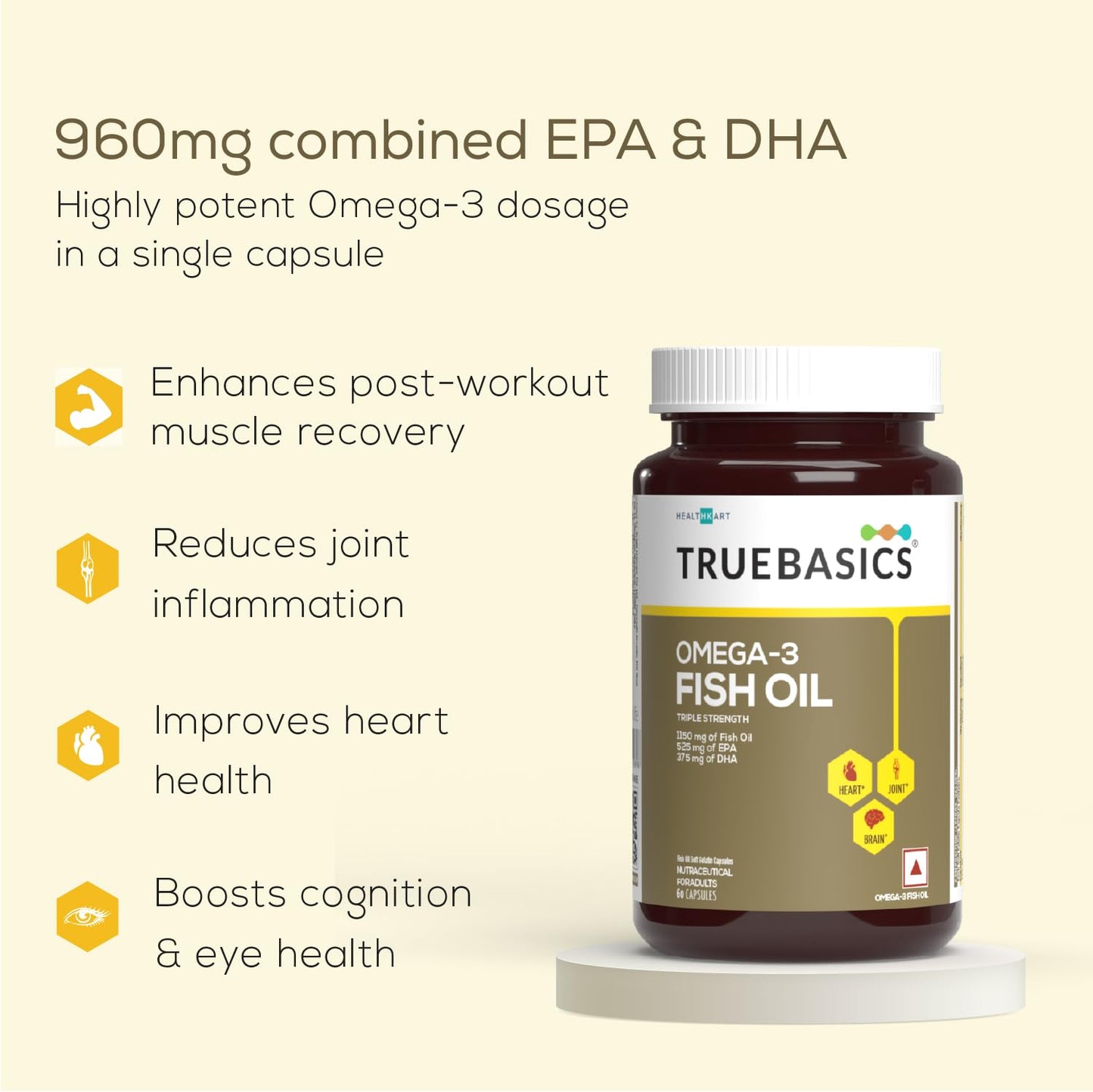 TrueBasics Omega-3 Fish Oil bottle with benefits listed on a beige background