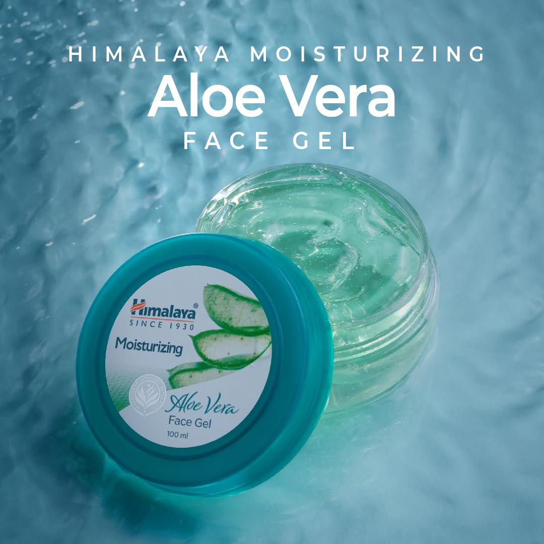Himalaya Moisturizing Aloe Vera Face Gel jar with aloe vera leaves on a blue water background