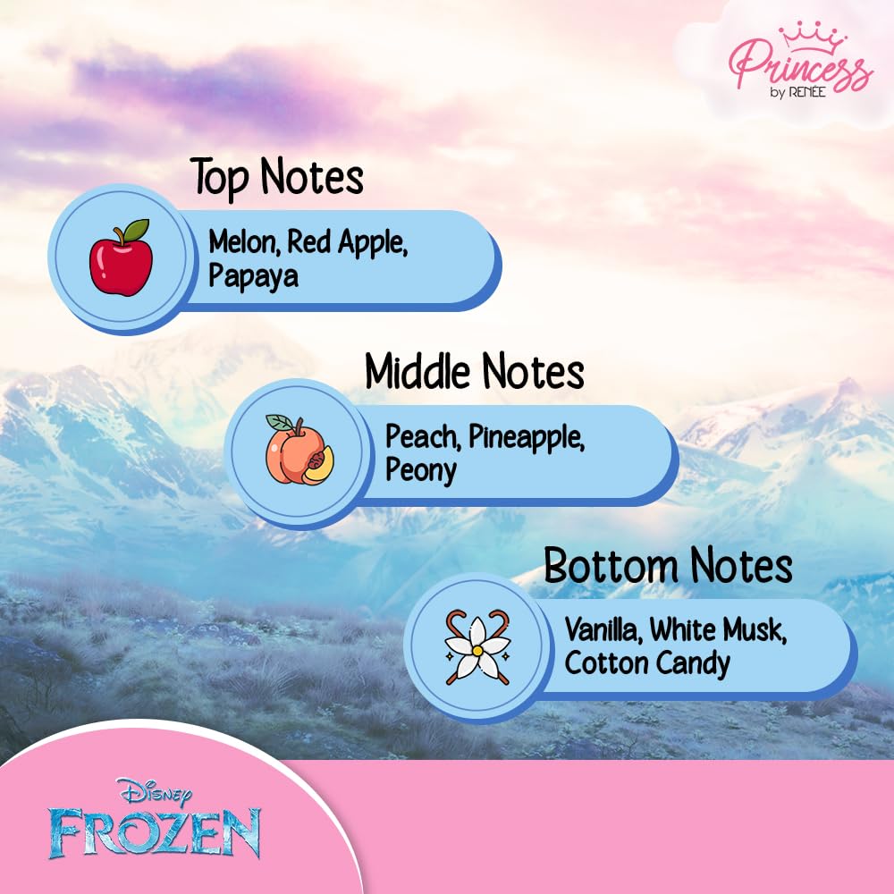 Product description card with notes on a colorful background, featuring Disney's Frozen branding.