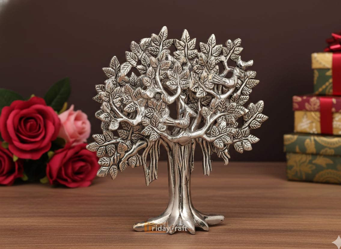 Metal Kalpavriksha Tree for Home Decor - Golden Wish Fulfilling Tree Metal Showpiece for Temple, Vastu, Office Table & Gifting Banyan (No 2 Silver)