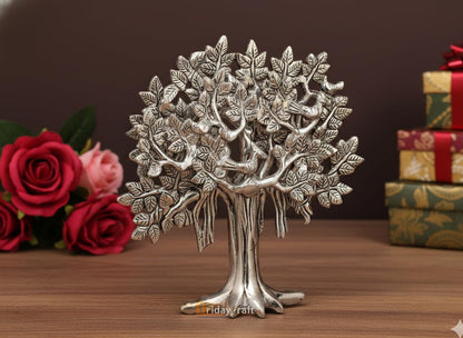 Metal Kalpavriksha Tree for Home Decor - Golden Wish Fulfilling Tree Metal Showpiece for Temple, Vastu, Office Table & Gifting Banyan (No 2 Silver)