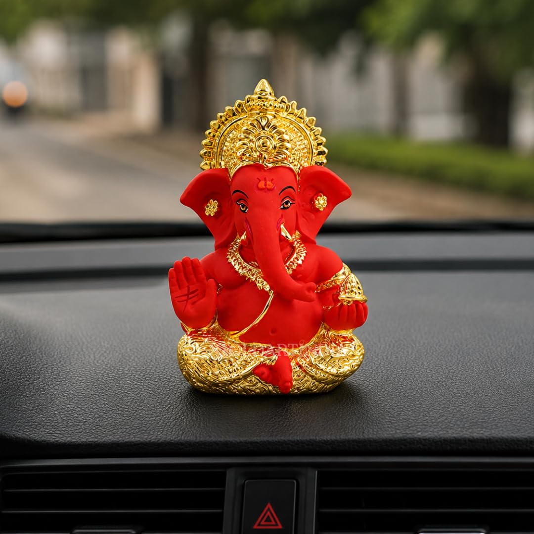 Gold Art India Gold and Silver Plated Gold and Orange Ganesh Idol for Car Dashboard Ganesha Murti Ganpati Idol for Home Decor Puja Lord Ganesh Statue Gift for Office Desk Puja Room Figurine