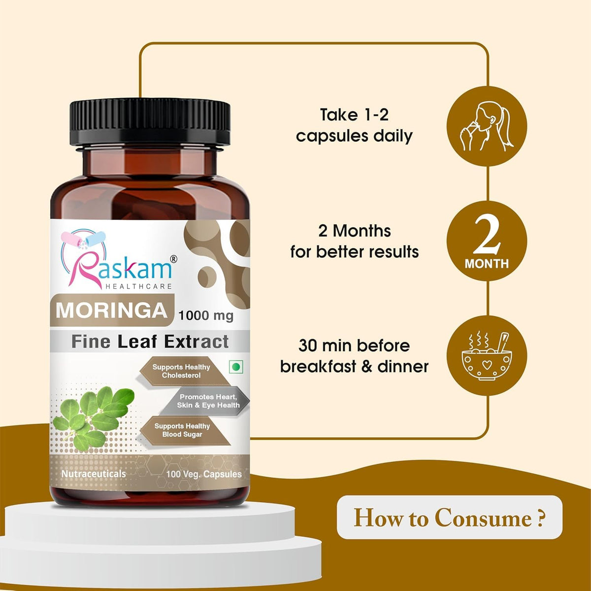 Bottle of Raskam Moringa Fine Leaf Extract with usage instructions on a beige background