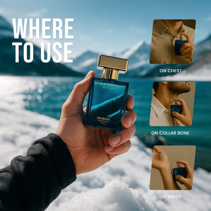 Person holding a blue perfume bottle with usage instructions against a mountainous background