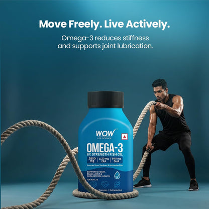WOW Life Science Omega‑3 6X Strength Fish Oil Softgel Capsules | 2800 mg Fish Oil with 1120 mg EPA & 840 mg DHA | Supports Heart, Brain & Joint Health | Sourced from Sardines & Anchovies | 30 Softgel Capsules