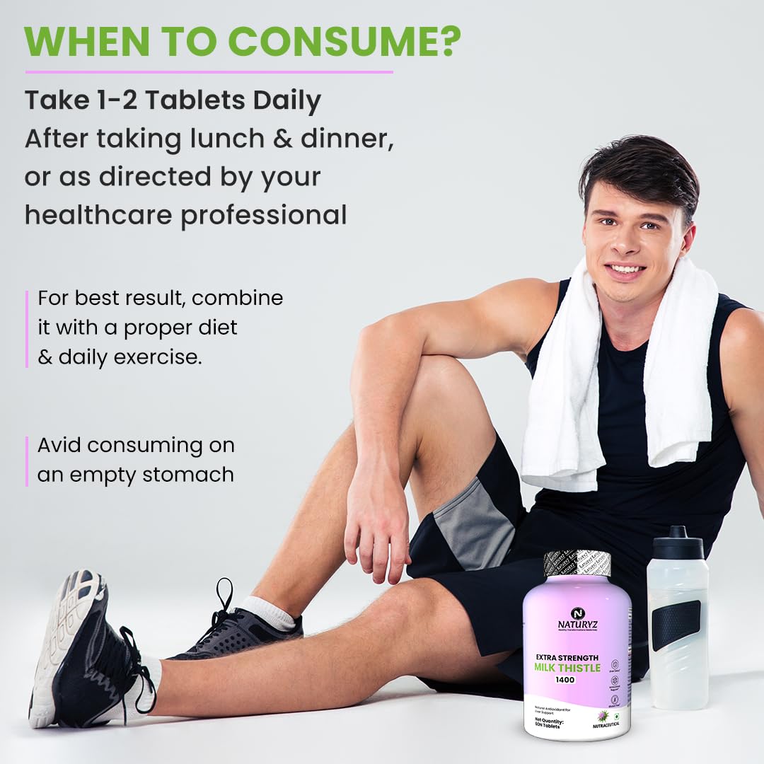 Man sitting with a supplement bottle and water bottle, surrounded by text on when to consume the supplement.