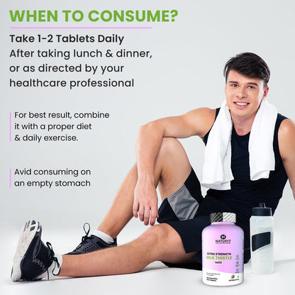 Man sitting with a supplement bottle and water bottle, surrounded by text on when to consume the supplement.