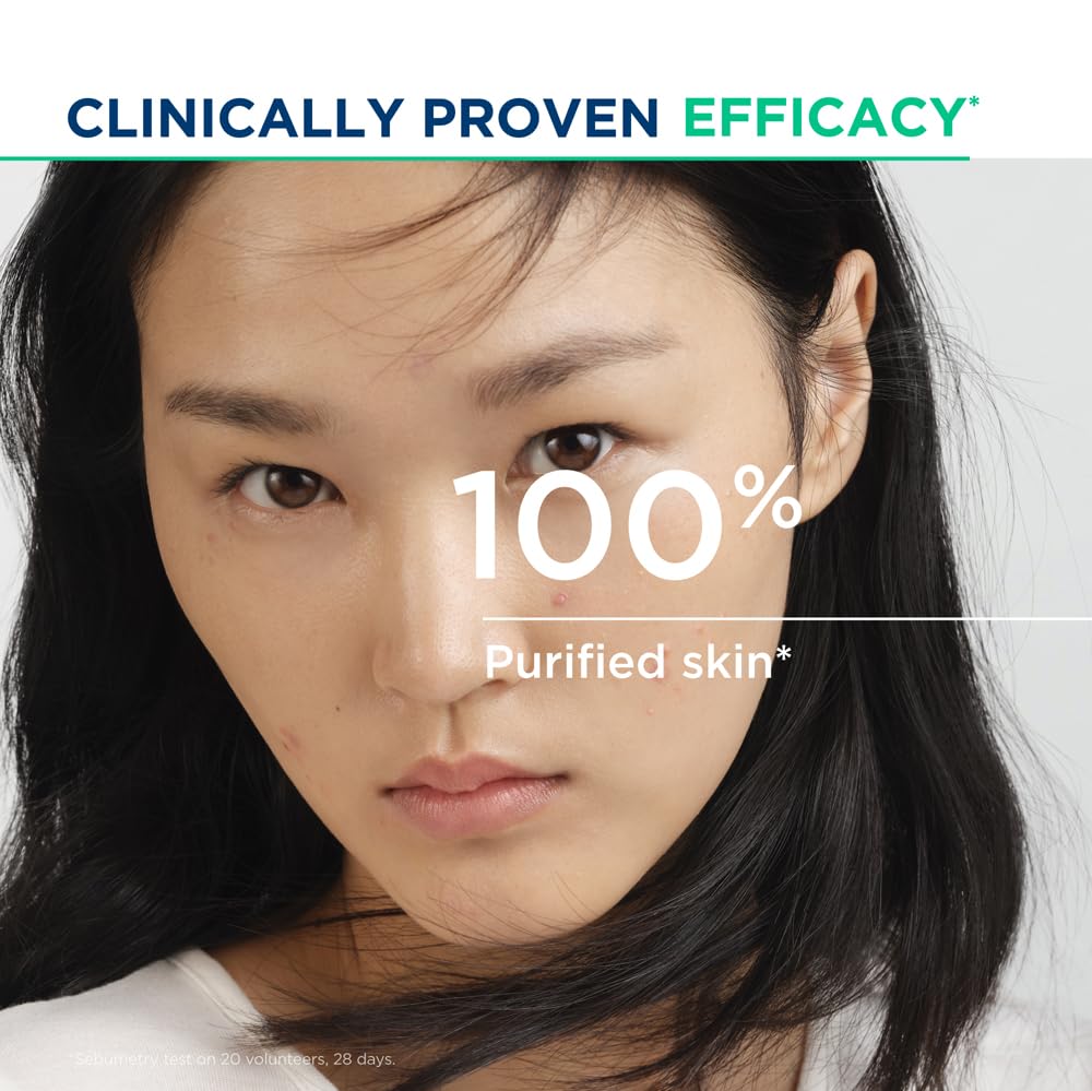 Woman with text indicating 100% purified skin and clinically proven efficacy on a white background