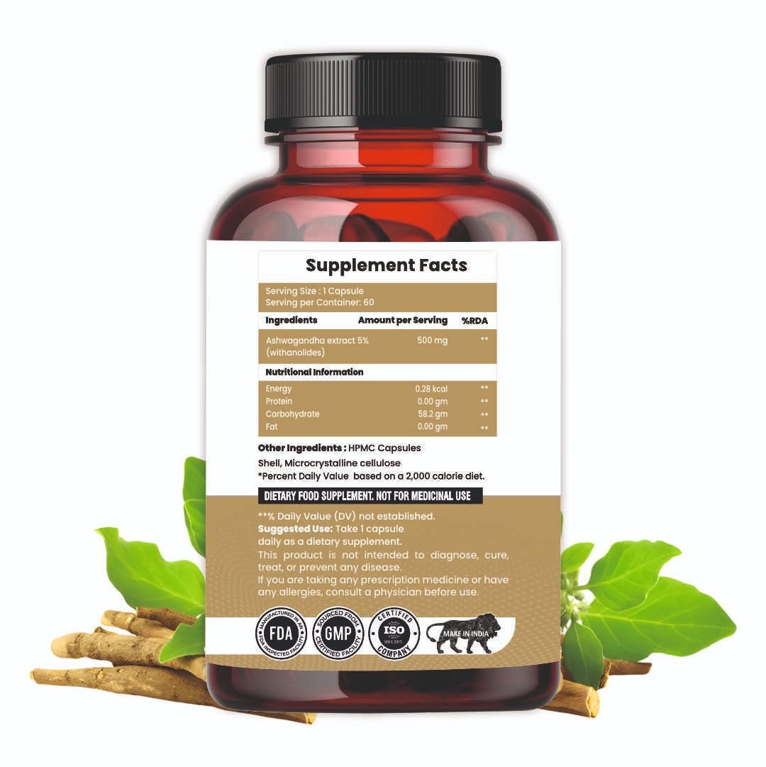 Ashwagandha 500 mg Capsules, 100 Veg. Capsules, Rejuvenates Body & Brain, Increases Energy, Strengthens Immune System, Reduces Stress & Anxiety