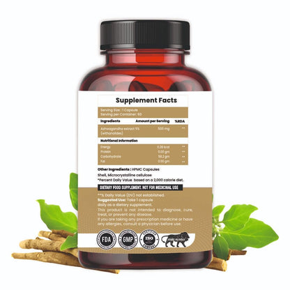 Ashwagandha 500 mg Capsules, 100 Veg. Capsules, Rejuvenates Body & Brain, Increases Energy, Strengthens Immune System, Reduces Stress & Anxiety