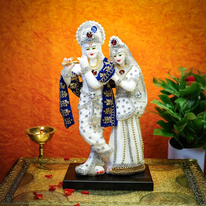 Aura Series Marble Dust Radha Krishna Murti (8 inch, Medium Size) | Gemstone Zircon Studded Radha Krishna Statue | Resin Radha Krishna Idol | Radhe Krishna ki Murti for Pooja, White, Religious