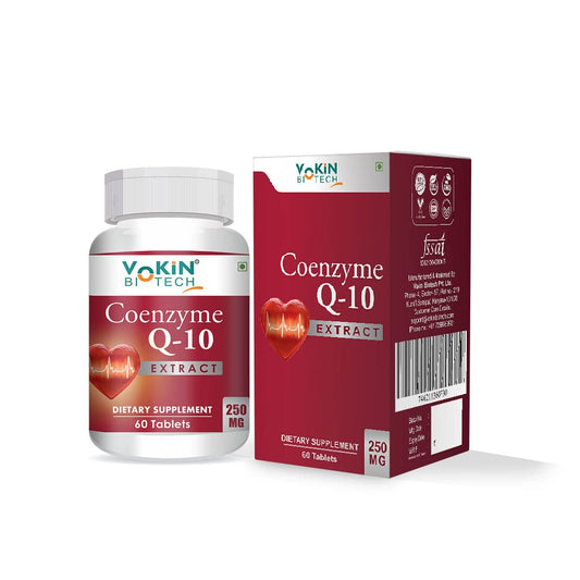 Coenzyme Q-10 supplement bottle and packaging on a white background