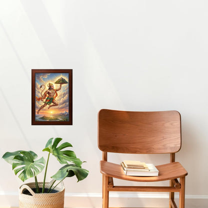Hanuman Carrying the Sanjeevani Mountain Wall Art | Brown Frame | 10 x 13.5 Inch
