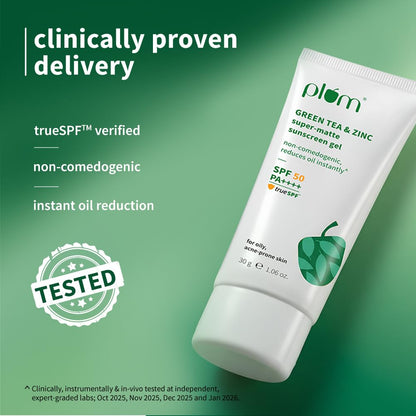 Plum Green Tea & Zinc Super-Matte Gel Sunscreen SPF 50 PA ++++ 30 g | Formulated for Oily, Combination and Acne Prone Skin | Protects & Controls Oil | Lightweight, No White Cast & Non-Sticky
