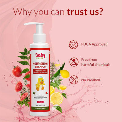 BabyOrgano Baby Shampoo for Kids 0+ years | Hair Growth & Nourishment | Methi Amla Shikakai Aloe Vera & Tomato | Tear Free | Sulphate Paraben & Soap Free | FDCA Approved | 200ml (Pack of 1)