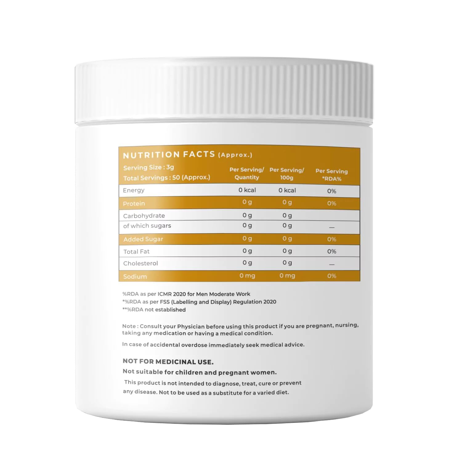 Nutrition facts label on a supplement container with a white background