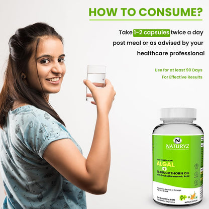 Woman holding a glass of water with a bottle of Naturyz supplement, instructions on consumption displayed.