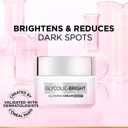 L'Oreal Paris Glycolic Bright Glowing Night Cream, Overnight Brightening Cream, Glycolic Acid in Gel-Like Cream Texture, that Visbily Minimizes Spots & Reveals Glowing skin, 15ml