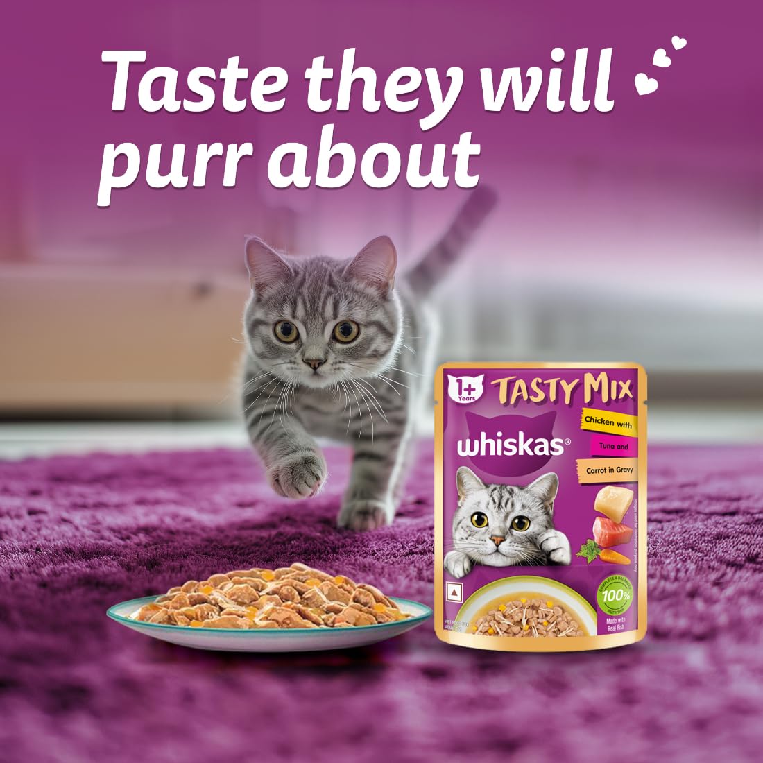 Whiskas Tasty Mix Adult (1+ Year) Wet Cat Food, Chicken with Tuna and Carrot in Gravy, 70 g, Cat Food Made with Real Fish, Complete & Balanced Nutrition for Adult Cats