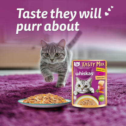 Whiskas Tasty Mix Adult (1+ Year) Wet Cat Food, Chicken with Tuna and Carrot in Gravy, 70 g, Cat Food Made with Real Fish, Complete & Balanced Nutrition for Adult Cats