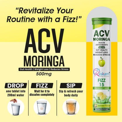 ACV Moringa Effervescent Tablets | 15 Tablets, 500mg Natural Energy & Immunity Booster with Antioxidants (Shikanji) Pack of 1