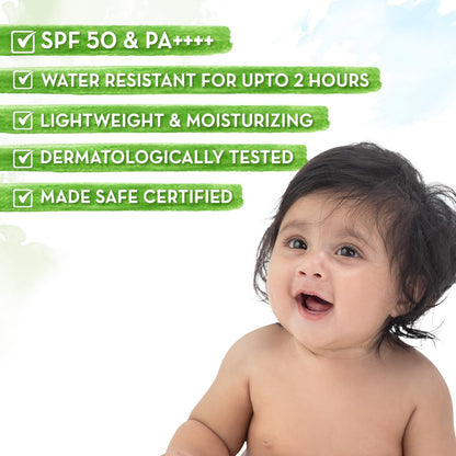 Mamaearth Baby Rich Moisturizing Ultra Light Sunscreen - 50g | SPF 50 & PA++++ | Water Resistant | Lightweight & Moisturizing | Suits all Skin Type | Safe For Babies | Dermatological Tested | Hydrating Sun Protection