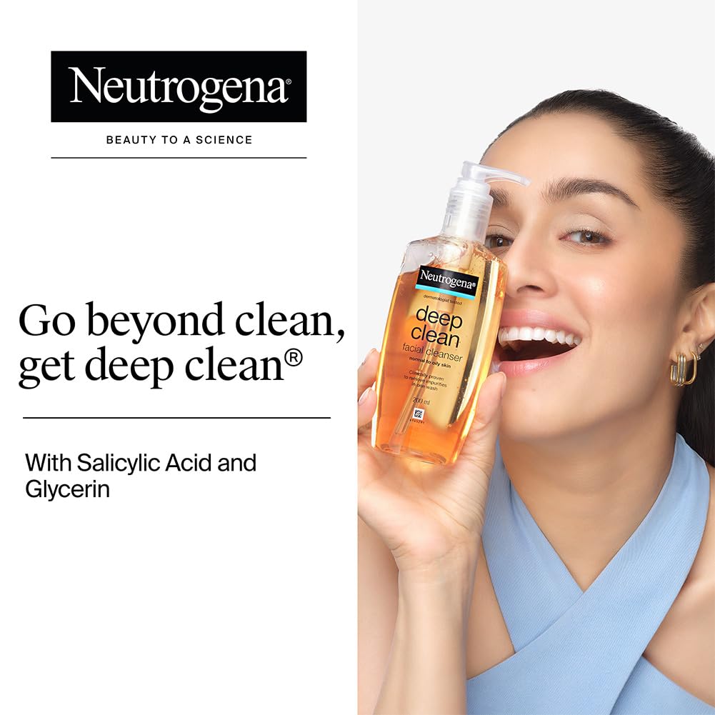 Neutrogena facial cleanser bottle held by a woman with promotional text on a white background