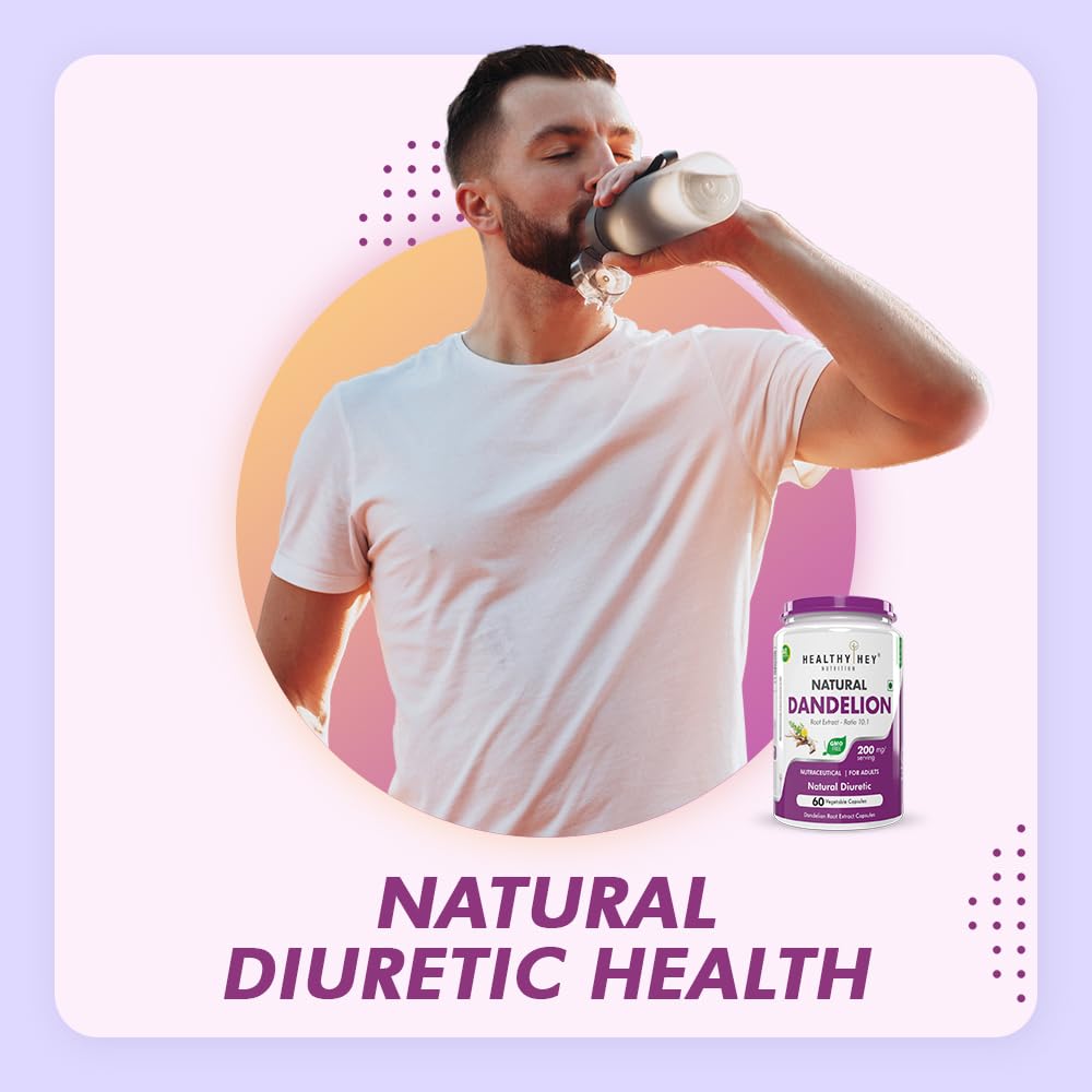 Man drinking from a bottle with a supplement container labeled 'Natural Dandelion' on a light purple background.