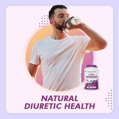 Man drinking from a bottle with a supplement container labeled 'Natural Dandelion' on a light purple background.