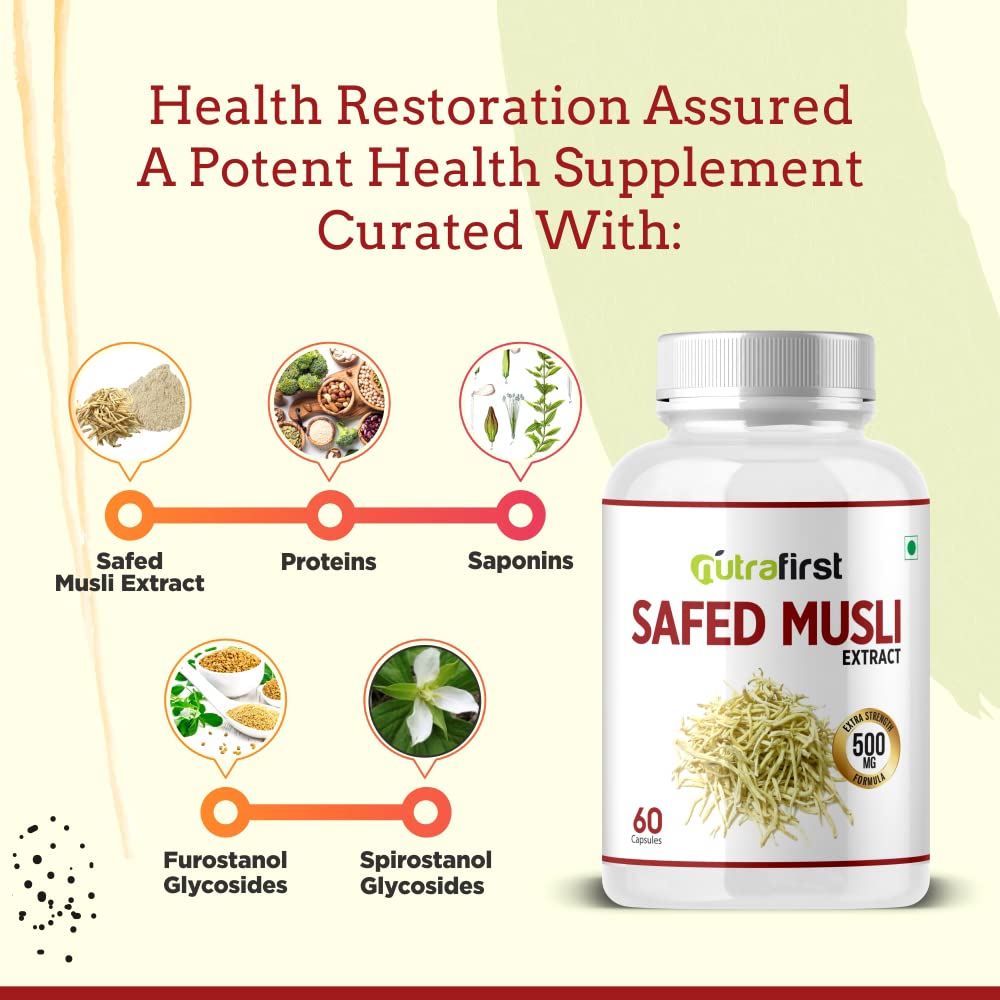 Nutrafirst Safed Musli Extract Capsules (500mg, 60 Caps) | Natural Strength, Stamina & Energy Booster | Supports Muscle Health, Performance, Vitality & Immunity | For Men & Women