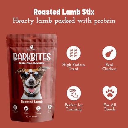PETS EMPIRE BARKBITES Roasted Lamb Dog Chew Sticks | Premium High Protein Dog Treats | Grain-Free Soft Chews for Training | Made with Real Lamb | Suitable for All Breeds | 100g