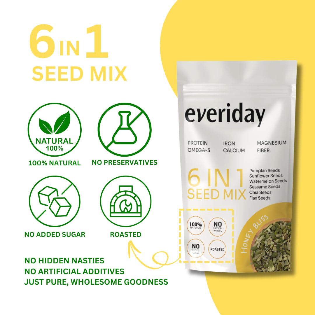 Everiday Honey Bliss Roasted 6-in-1 Super Seed Mix | 250g | Pumpkin, Sunflower, Watermelon, Sesame, Chia & Flax | Healthy Crunchy Snack for Daily Nutrition | High Protein, Fibre & Omega-3 | Vegan & Gluten-Free
