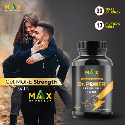 Max Ayurveda Dr Power Premium Capsules and King Power Massage Oil For Men (30 Capsules + 20ml Oil Bottle) Combo Pack