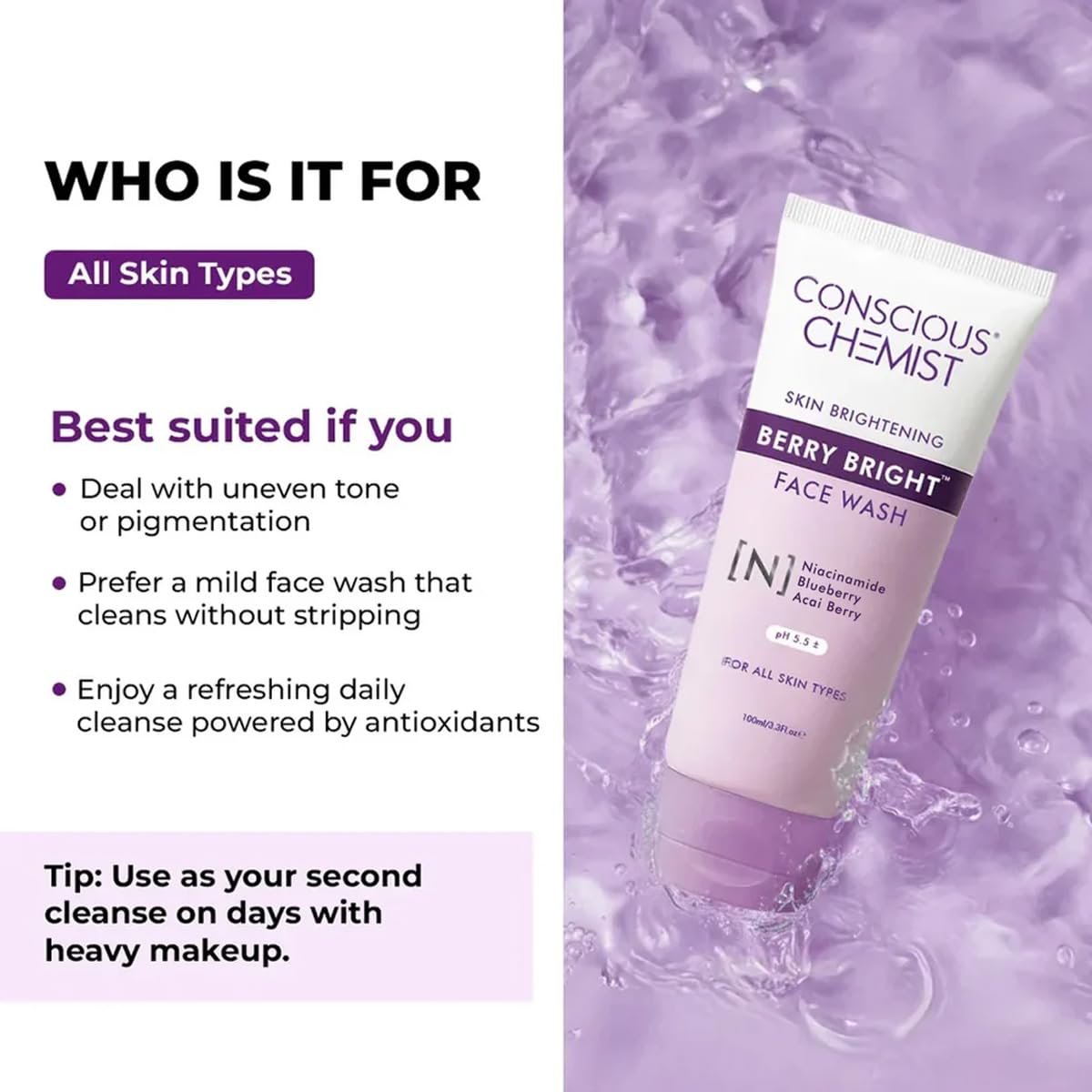 Conscious Chemist Berry Bright Face Wash with product details on a purple background