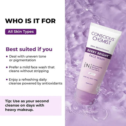 Conscious Chemist Berry Bright Face Wash with product details on a purple background