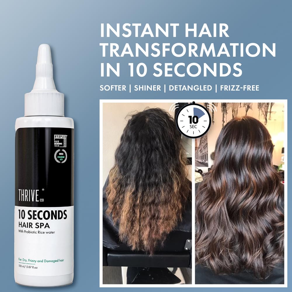 Thrive 10 Seconds Hair Spa product with before and after images of hair transformation on a blue background.
