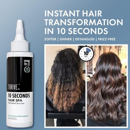 Thrive 10 Seconds Hair Spa product with before and after images of hair transformation on a blue background.