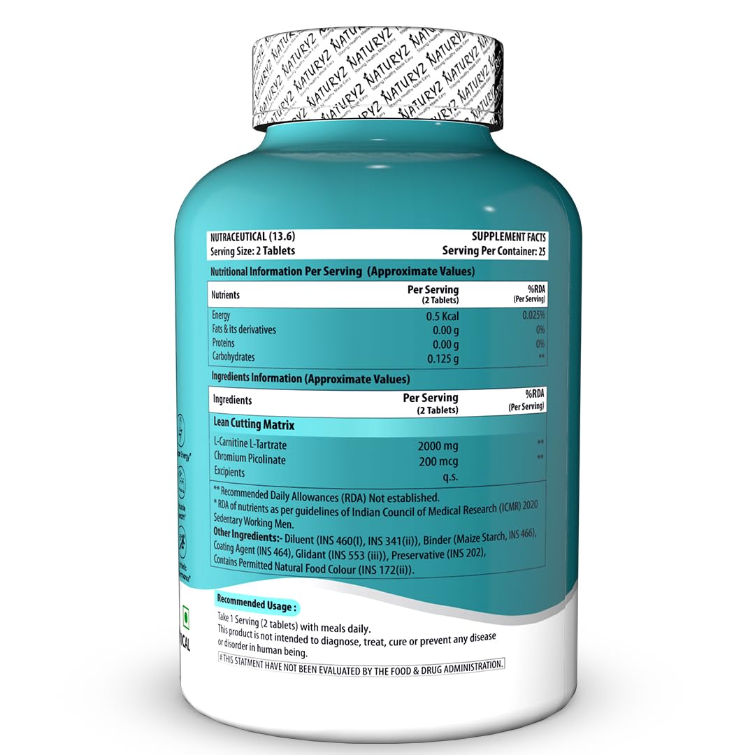 Naturyz Triple Strength L-Carnitine L-Tartrate 2000 Mg Converts Fat Into Energy|Cellular Energy & Endurance|Athletic Performance|Cutting Supplement - 50 Tablets,1 Count,50 Capsules