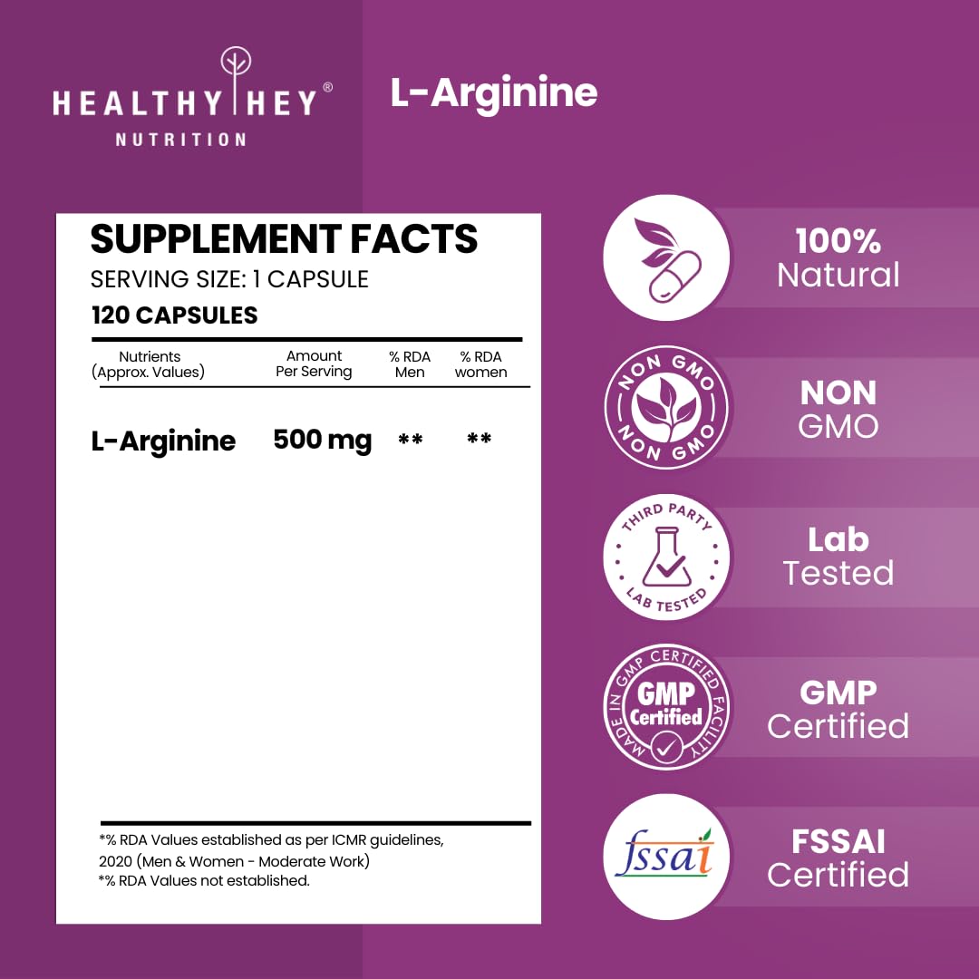 Supplement facts label for L-Arginine capsules by Healthy Hey Nutrition on a purple background.