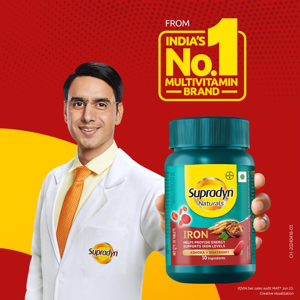Zephivo Supradyn Naturals Iron (30 tablets) with 3X Iron, Ashoka, Shatavari, Zinc, Vitamin C, Folic Acid, 30 vital nutrients, Supports Blood Health & Provides Energy, Veg
