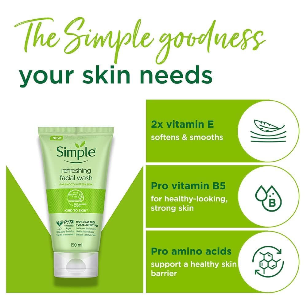 Green facial wash tube with benefits listed on a green background
