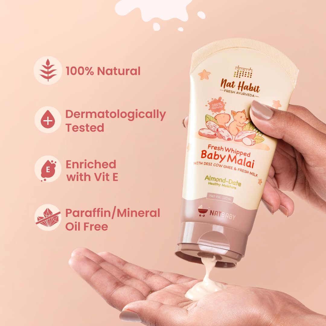 Nat Habit Baby Malai |Almond & Date| Baby Body Lotion & Moisturizer for Deep Nourishment & Skin Barrier Protection | 100% Natural, Chemical-Free Baby Cream | 120ml