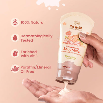 Nat Habit Baby Malai |Almond & Date| Baby Body Lotion & Moisturizer for Deep Nourishment & Skin Barrier Protection | 100% Natural, Chemical-Free Baby Cream | 120ml